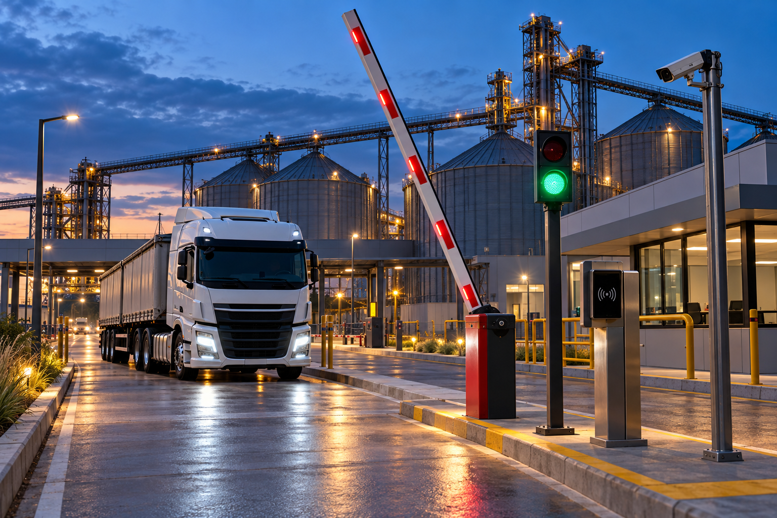 Portaria agroindustrial com caminhão, cancela automática e semáforo